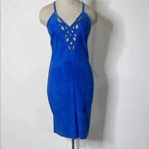 Jitrois. Blue Suede Leather Laser Cut Body-Con Spaghetti Strap Dress